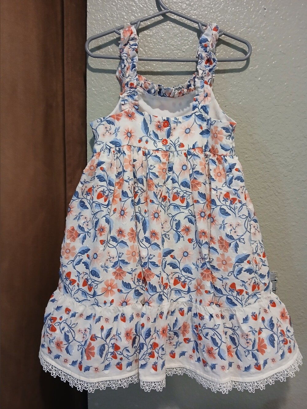 Girls White Floral Sundress with Blue and Coral Print Size 5t